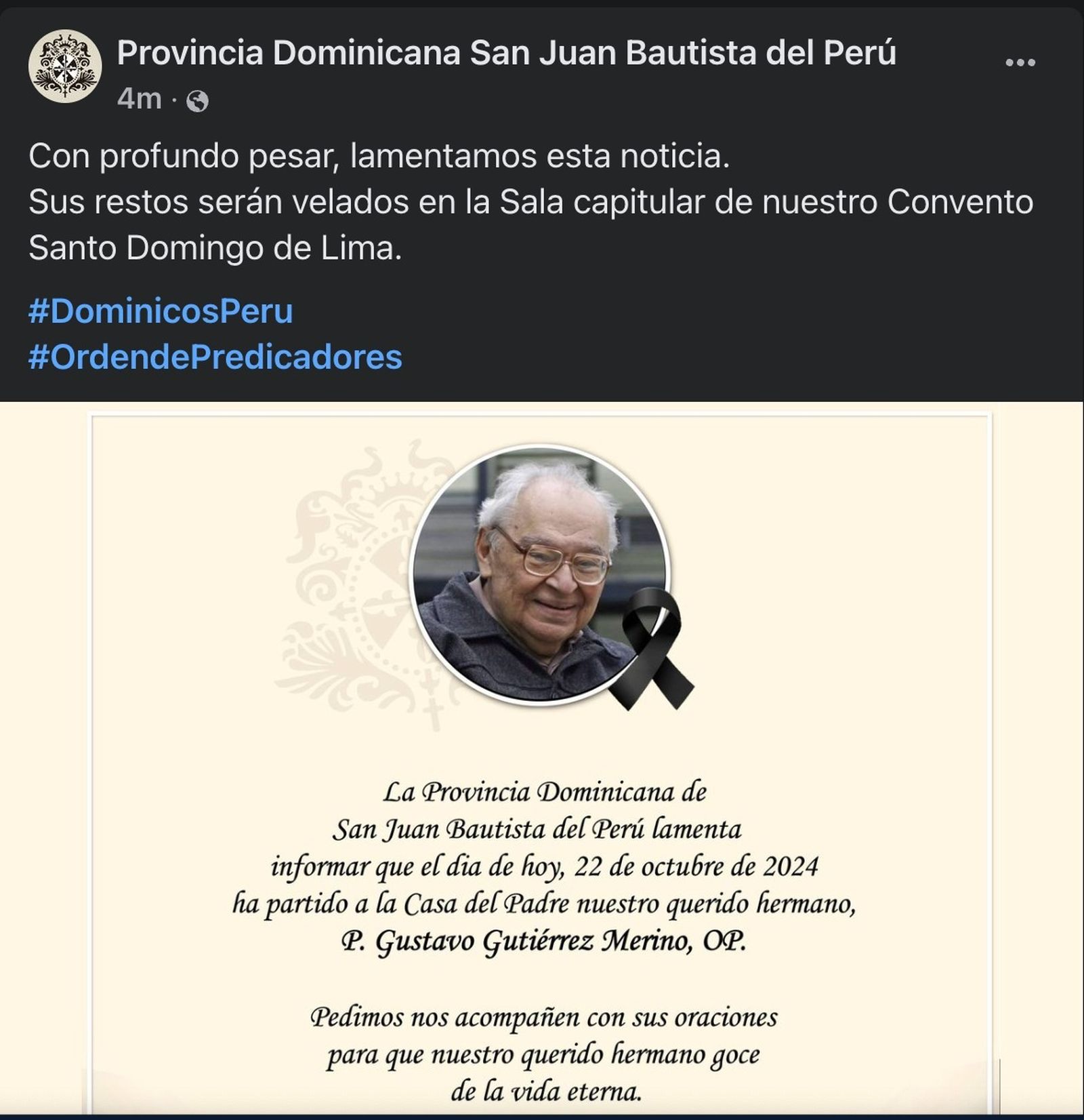Comunicado por Fallecimiento del Padre Gustavo Gutiérrez