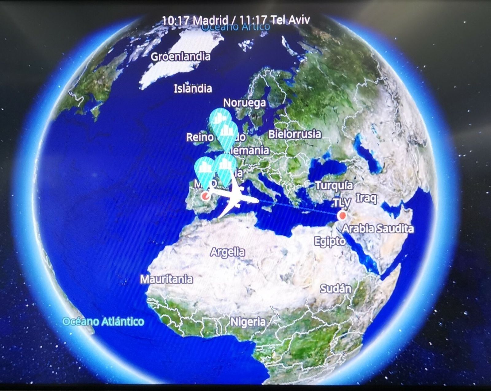 Ruta del avión desde Madrid  a Tel Aviv