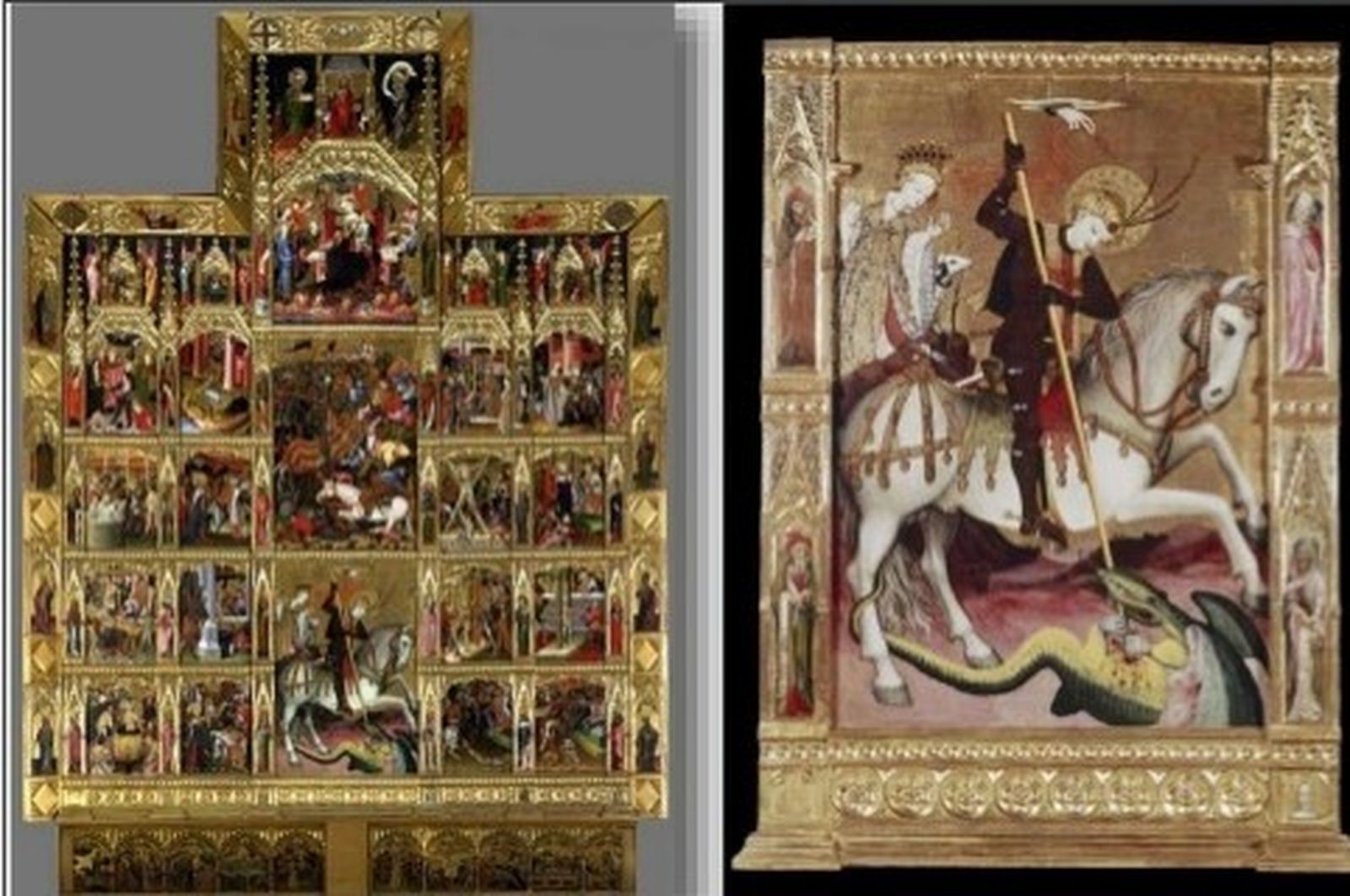 El retablo entero y la escena de san Jorge.