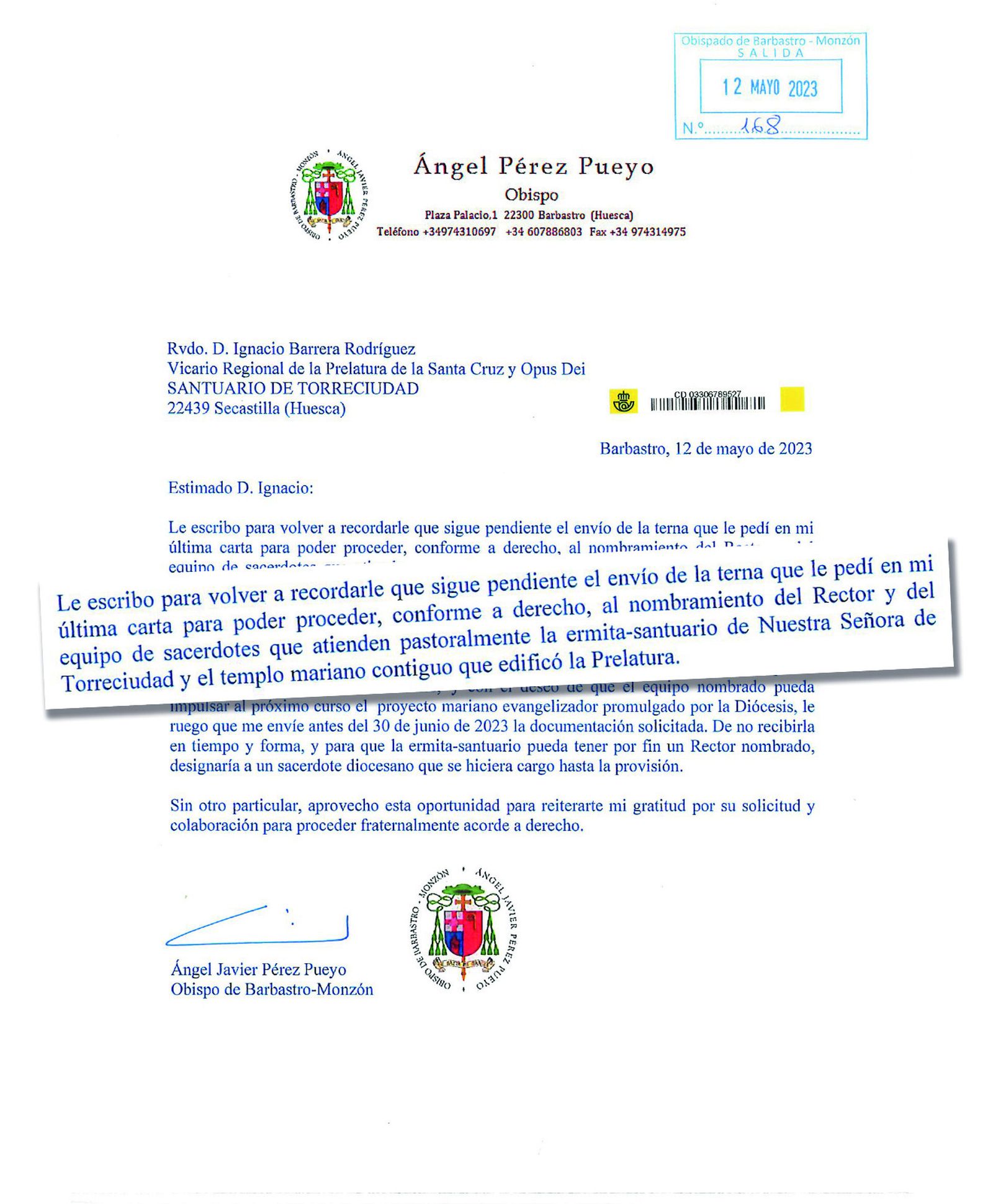 Carta de Pérez Pueyo al vicario del Opus Dei en España