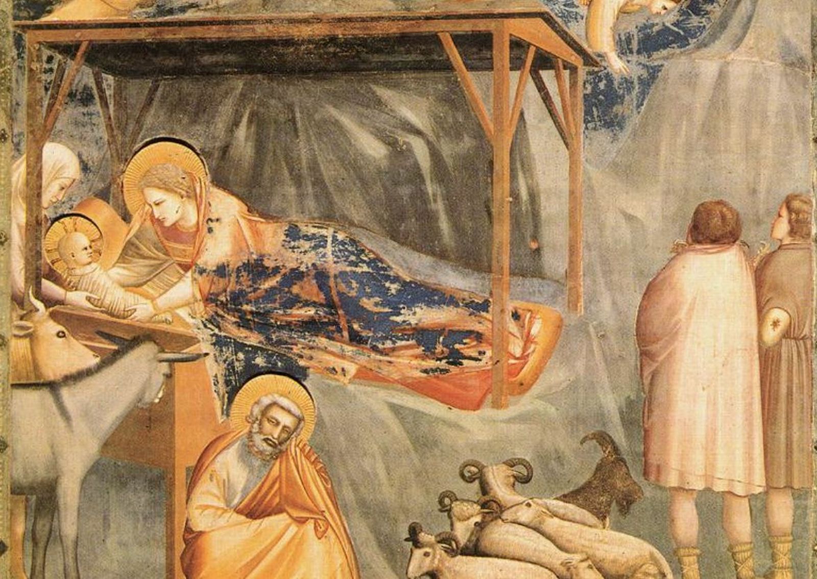 José adormilado y una partera entregándole el Niño a María en el fresco de Giotto. Capilla de los Scrovegni