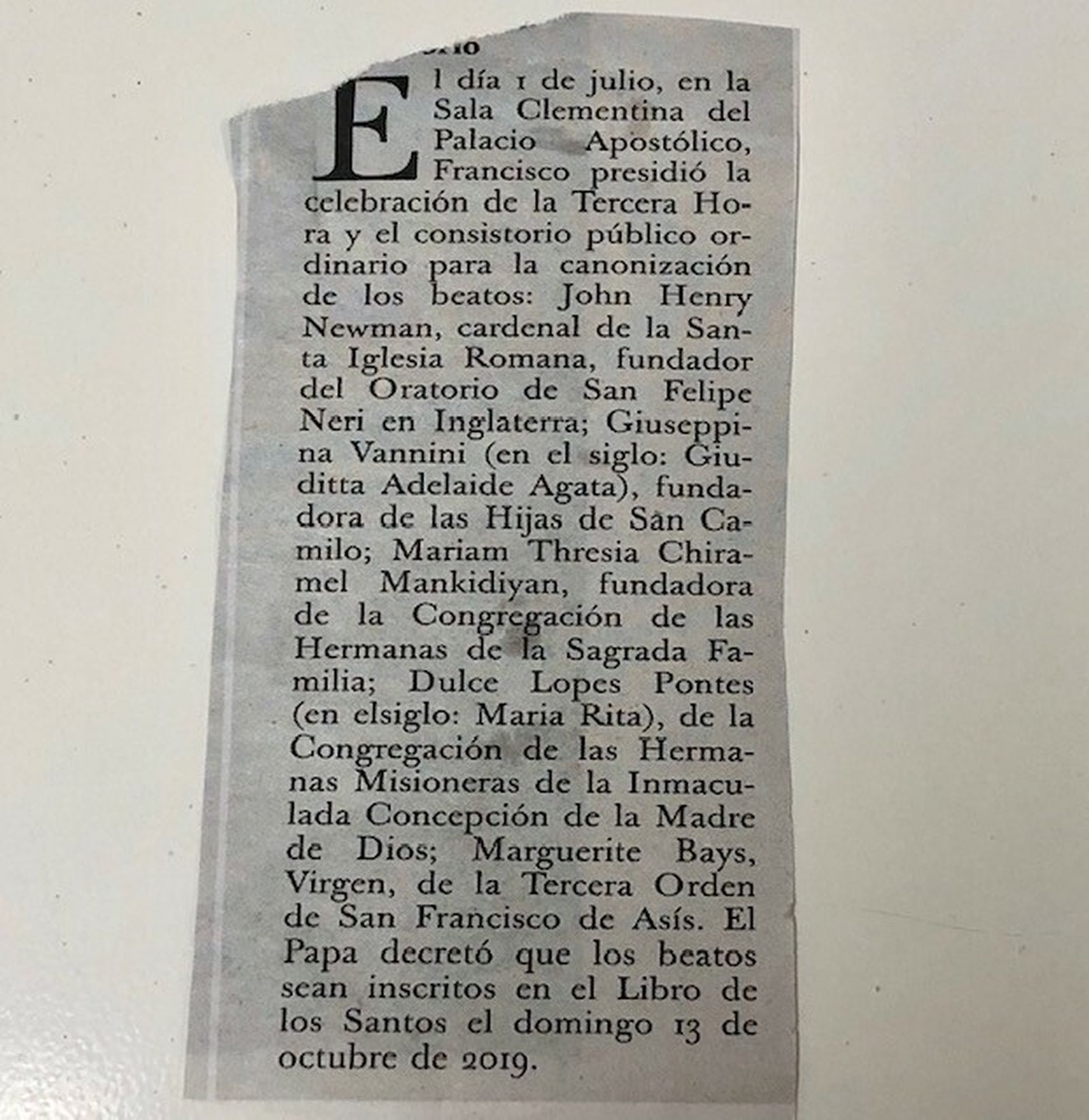 Recorte de prensa del Osservatore Romano