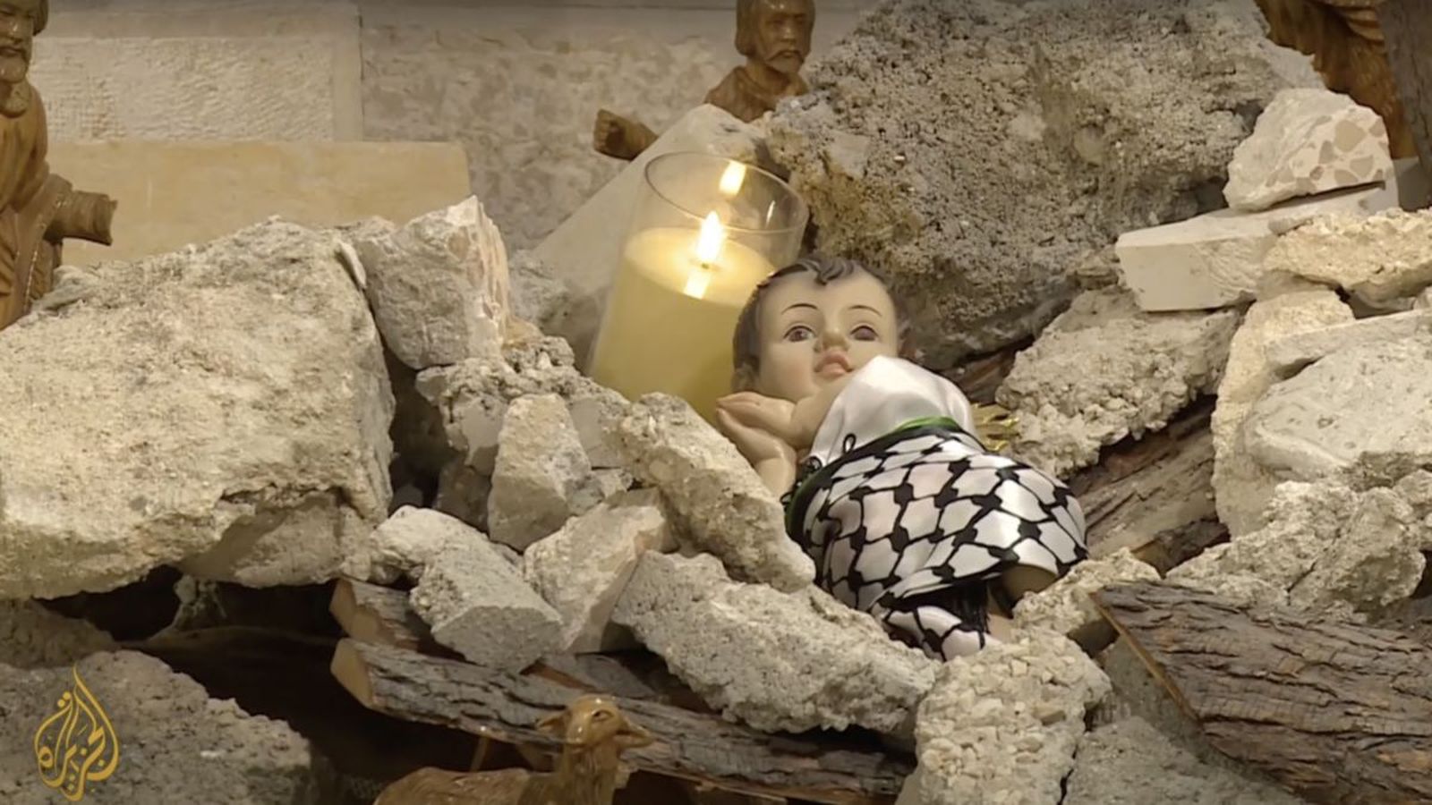 Niño Jesús entre escombros. Captura de pantalla del video: Navidad silenciosa en Belén: Solidaridad con los palestinos en Gaza del canal de Al Jazeera en inglés en YouTube.