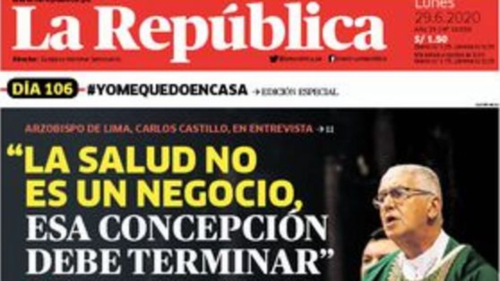 Monseñor Castillo en la portada de La República