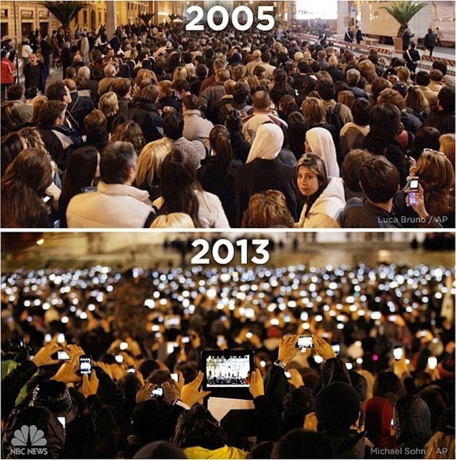 Comparativa de los fieles esperando la fumata blanca en el cónclave de 2005 y en 2013