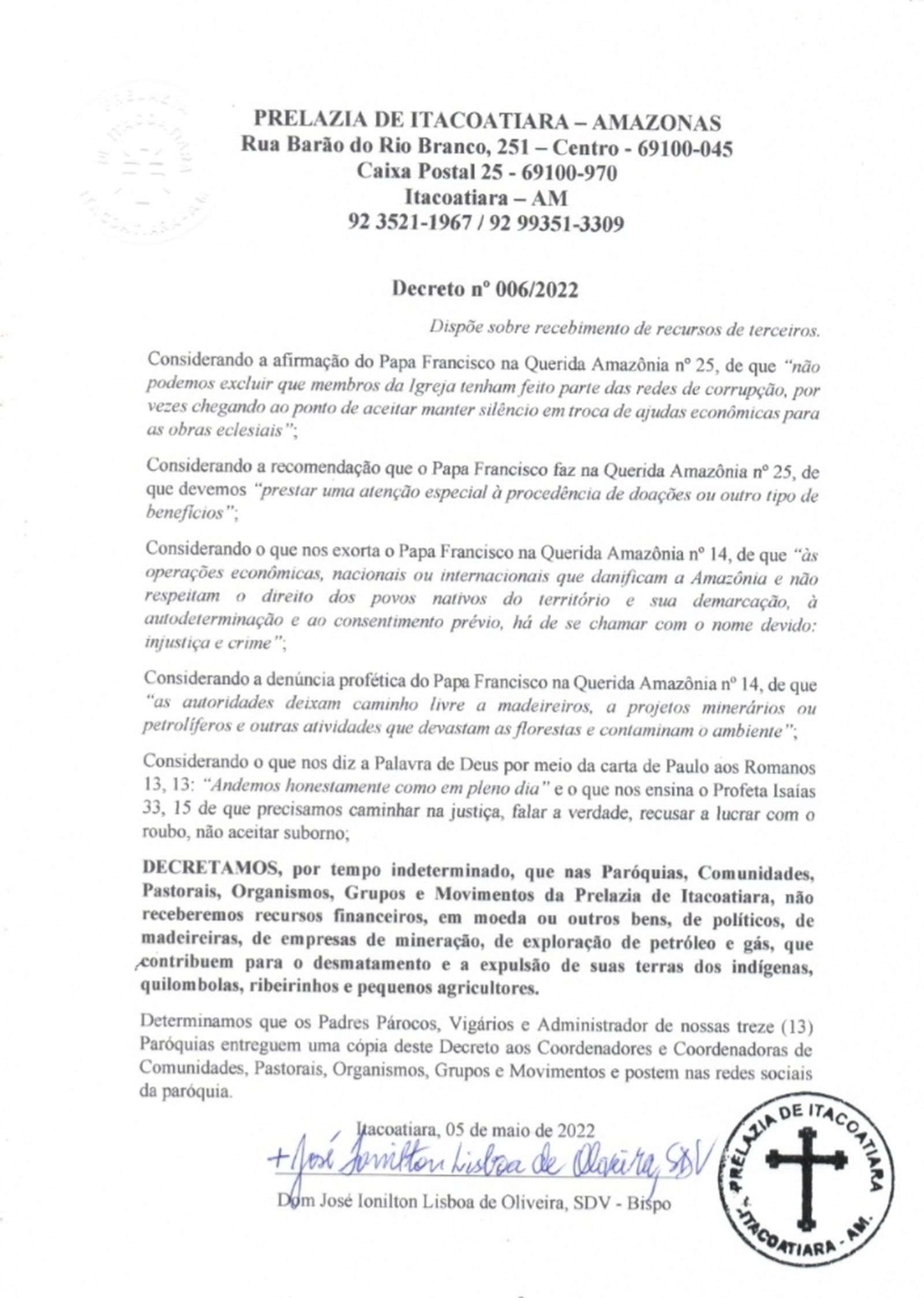 Decreto del obispo amazónico