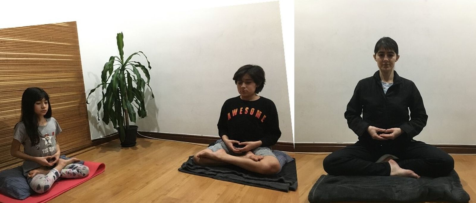 Maribel medita con sus pequeños Mateo y Martina