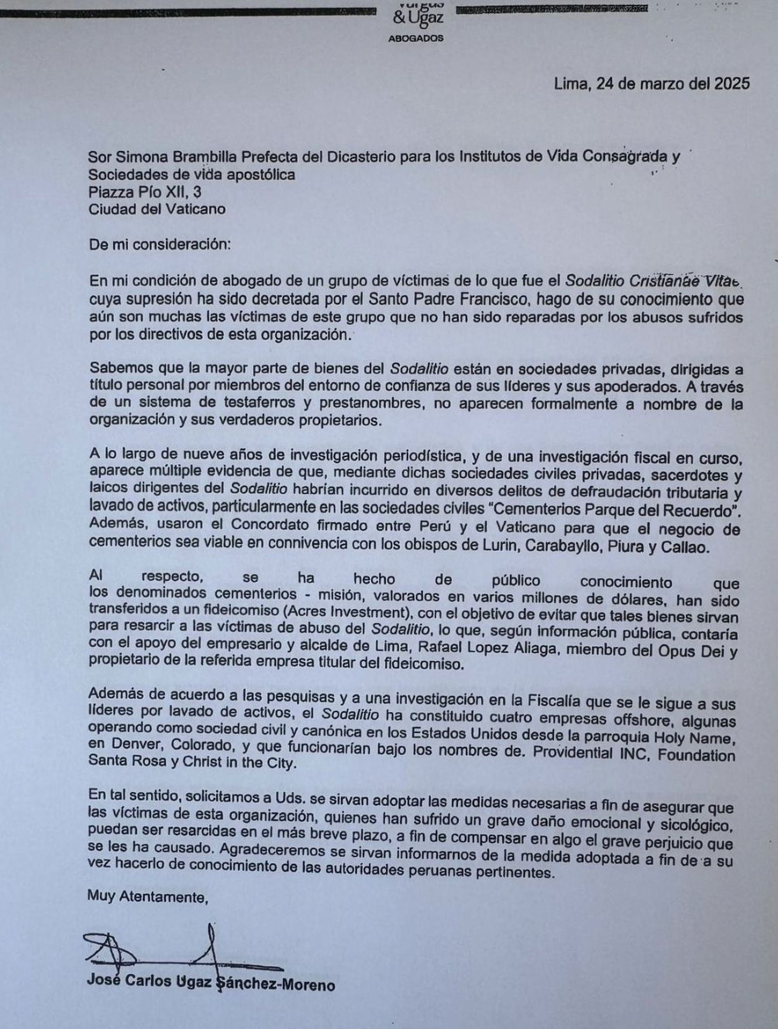 Carta del abogado Ugaz