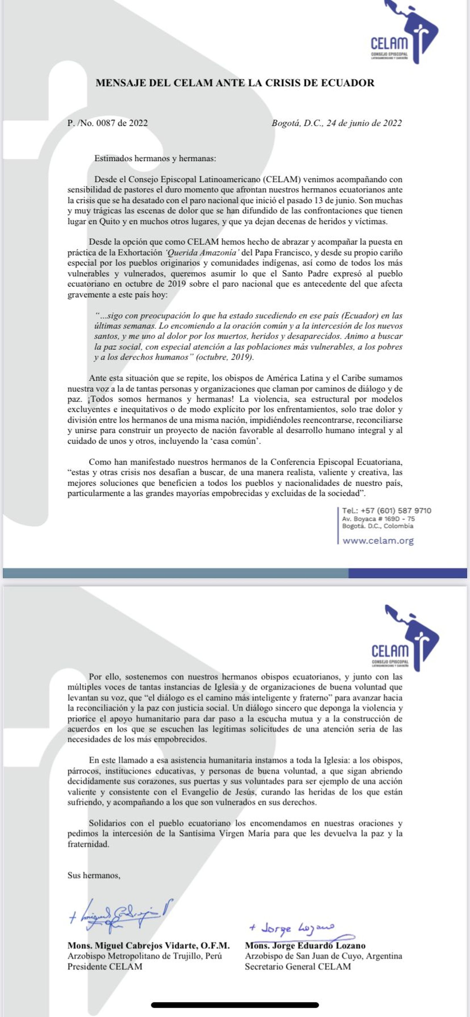 Carta de Celam sobre Ecuador