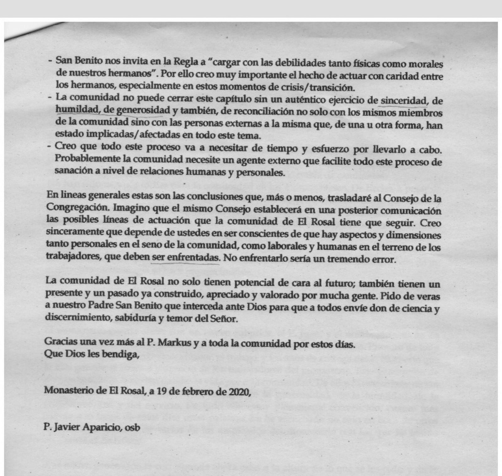 Carta de Javier Aparicio, miembro de la congregación benedictina de Santa Otilia