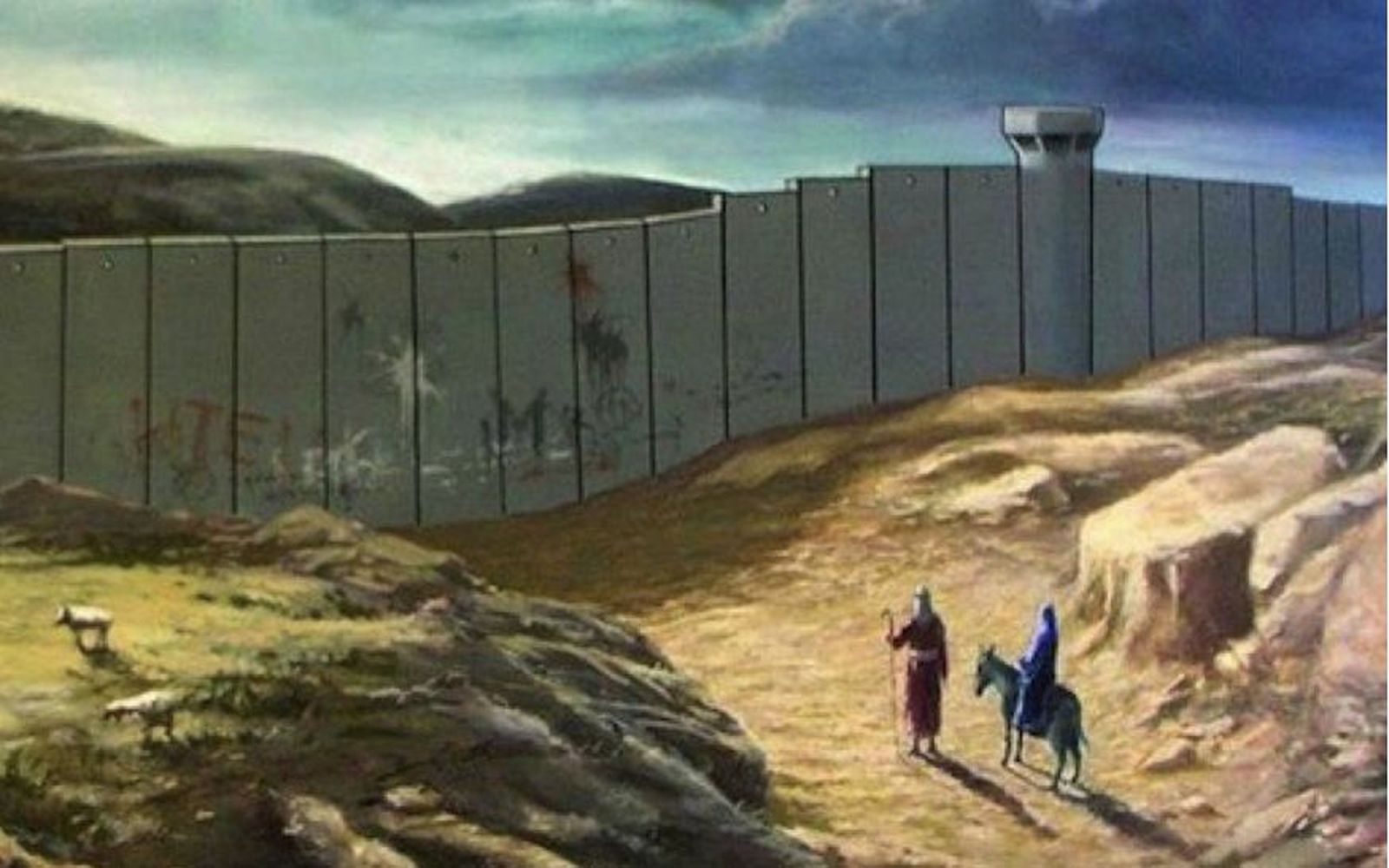 Imagen de José y María ante el muro levantado por Israel
