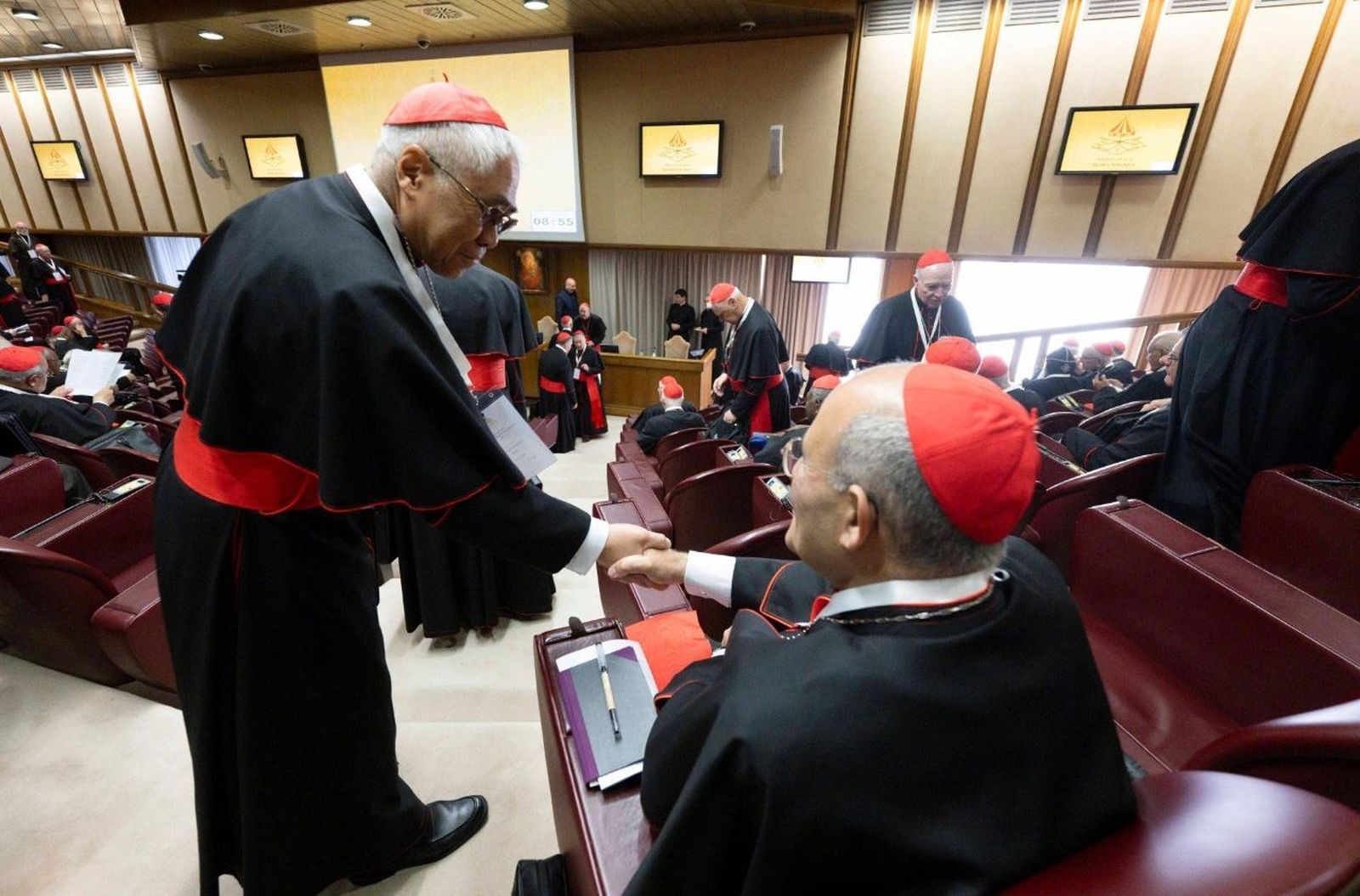 Dos cardenales se saludan en la congregación general de ayer