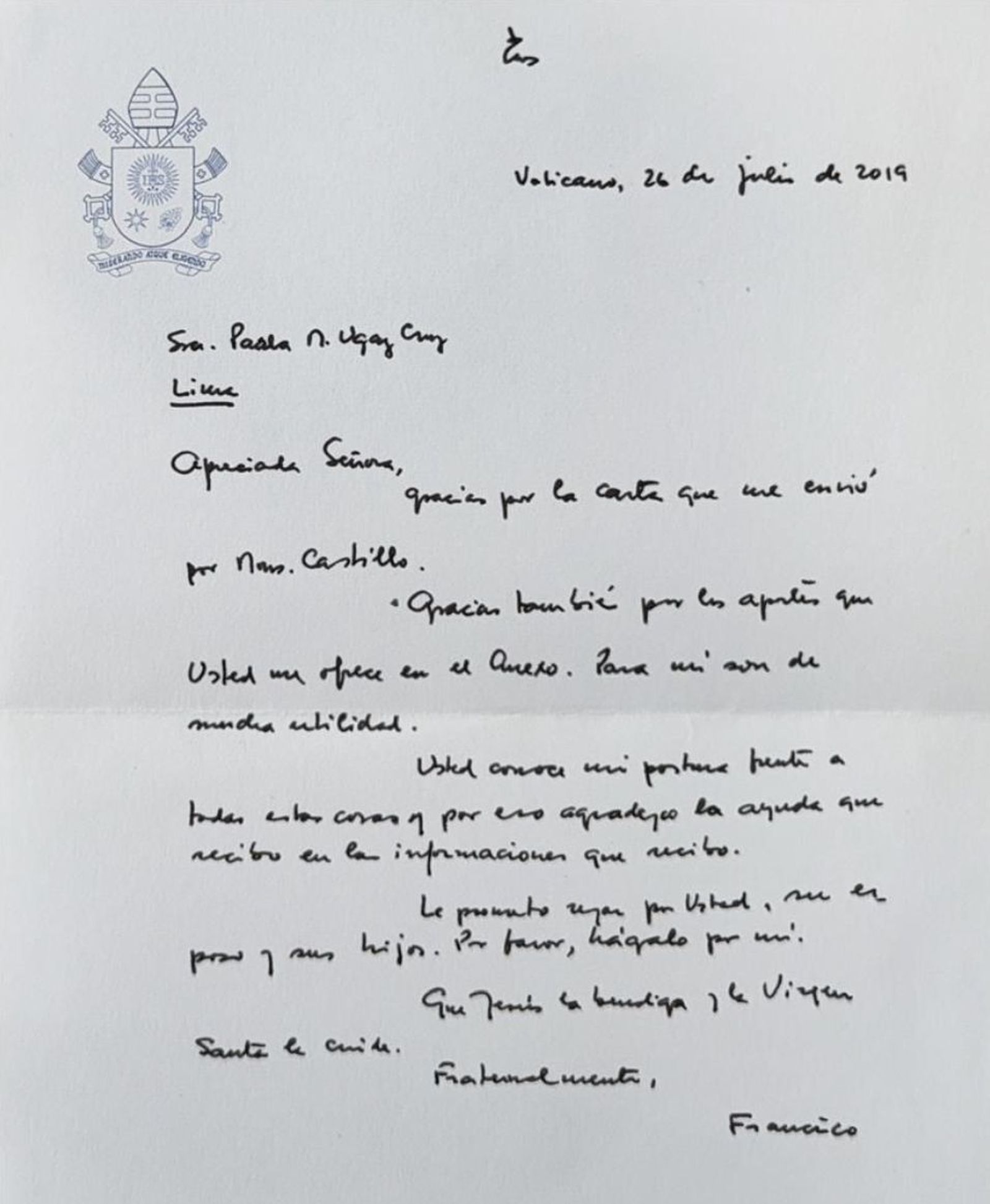 Carta del Papa a Ugaz