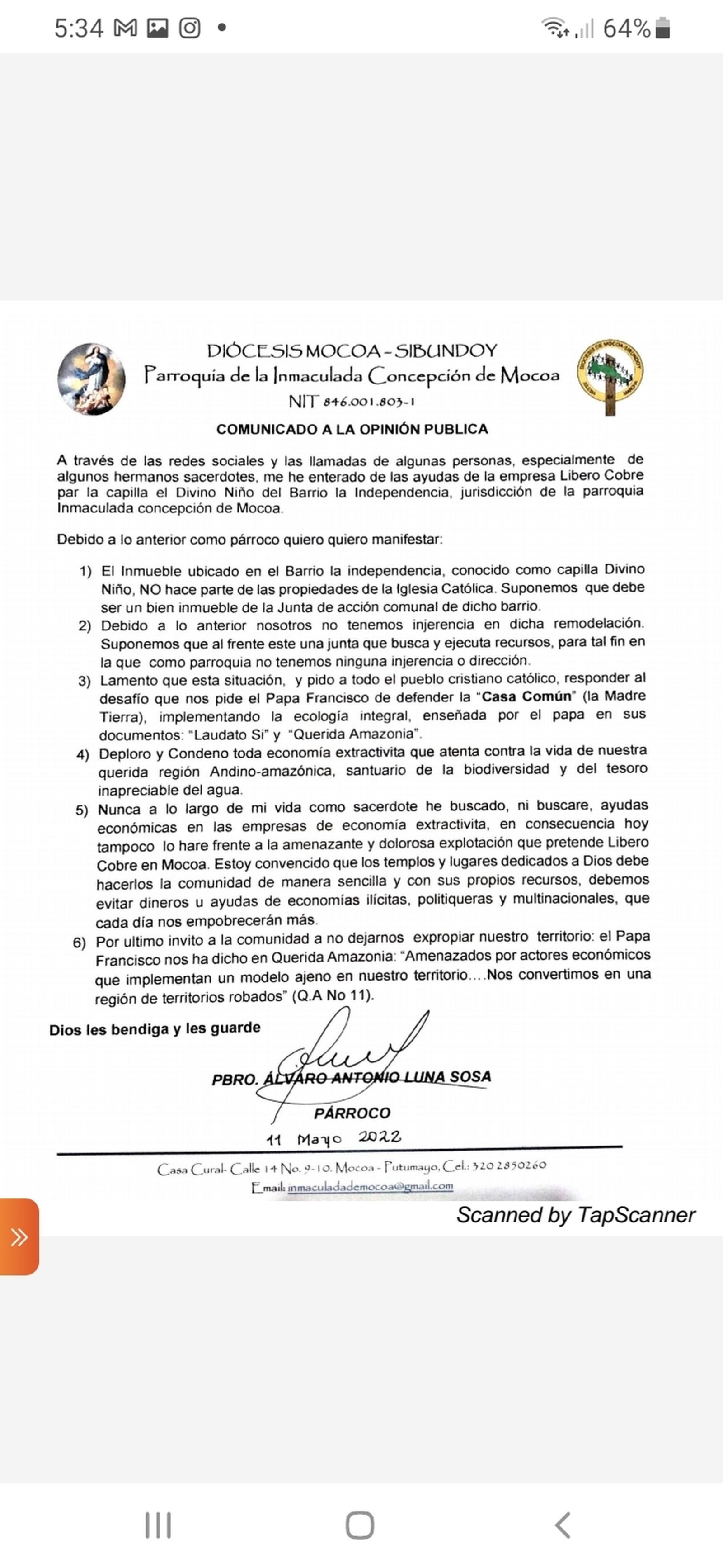 Declaración del párroco