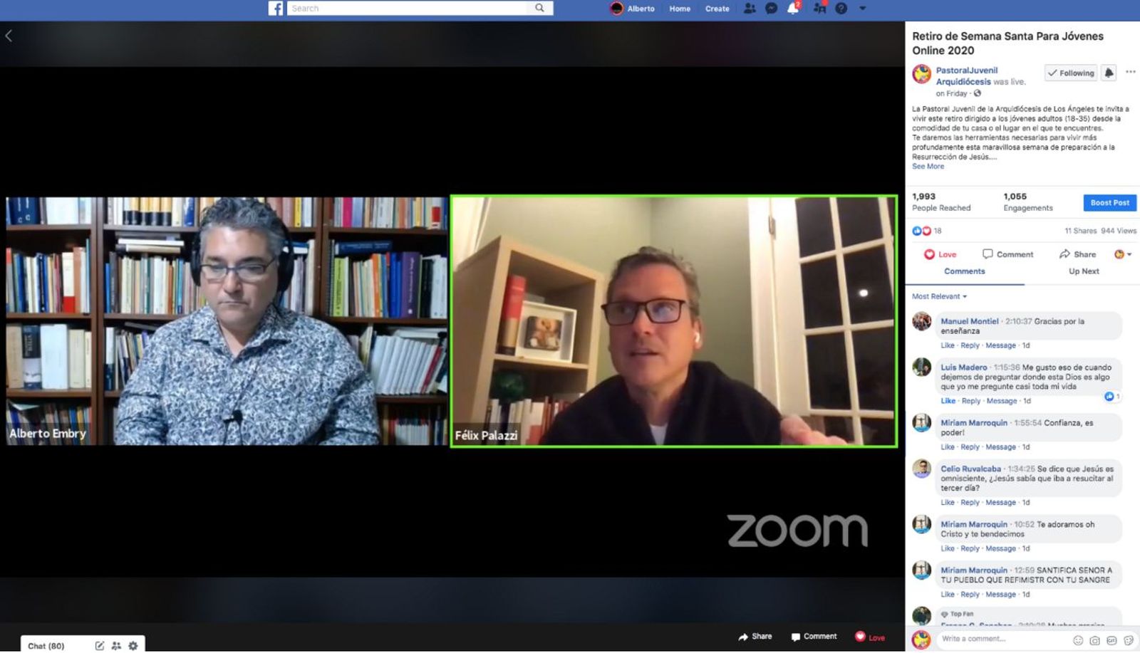 Pantalla durante una de las sesiones del retiro online de jóvenes