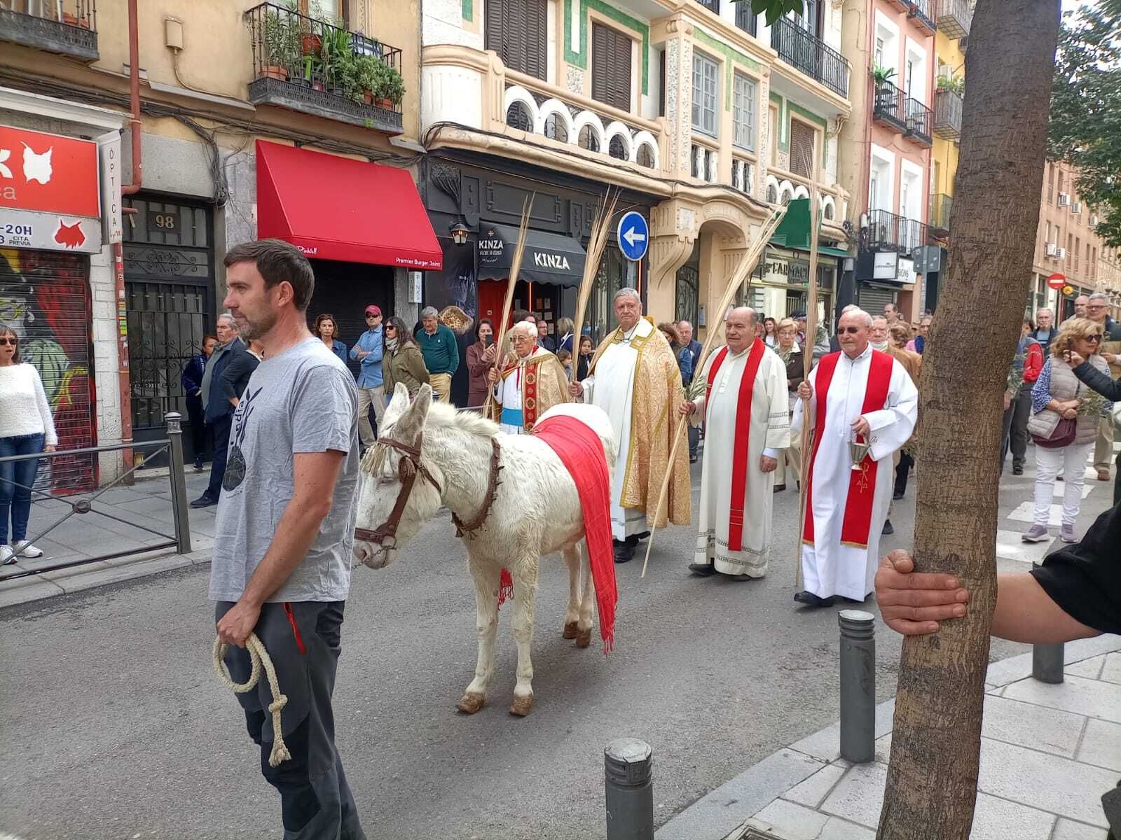 Procesión con la borrica Nieves por el centro de Madrid