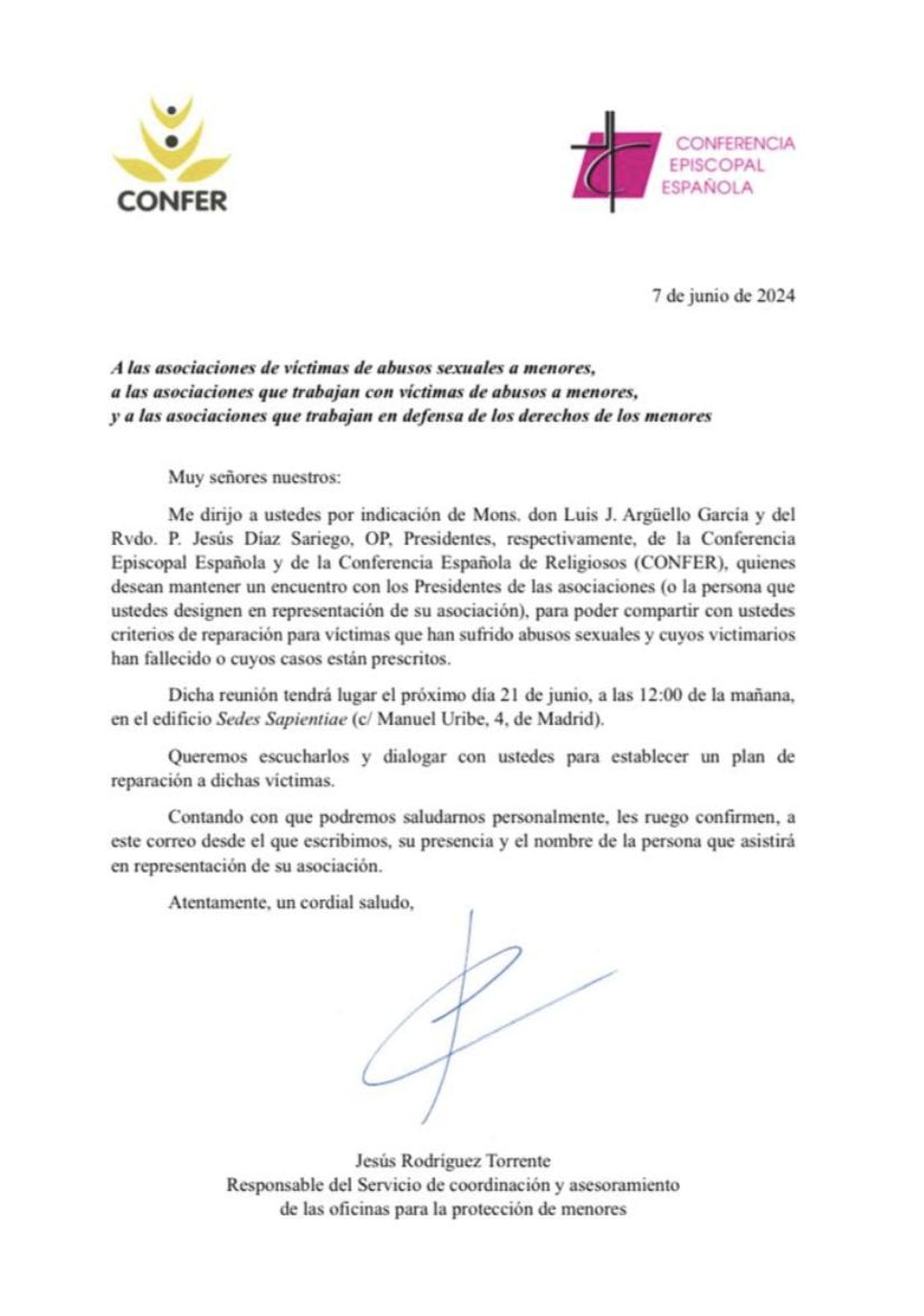 Carta de la CEE y Confer a las víctimas