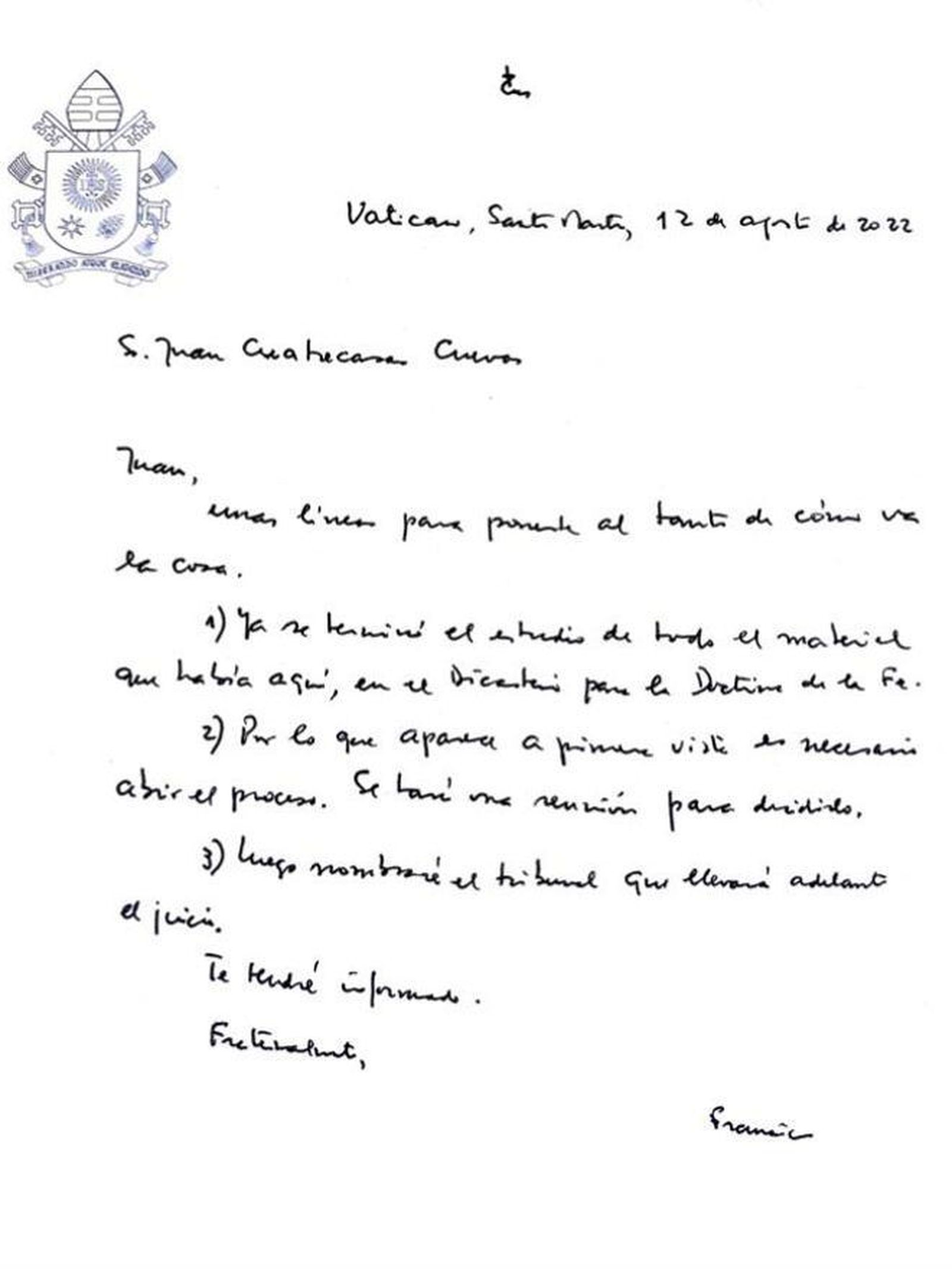 Carta del Papa a la víctima de abusos en el Gaztelueta