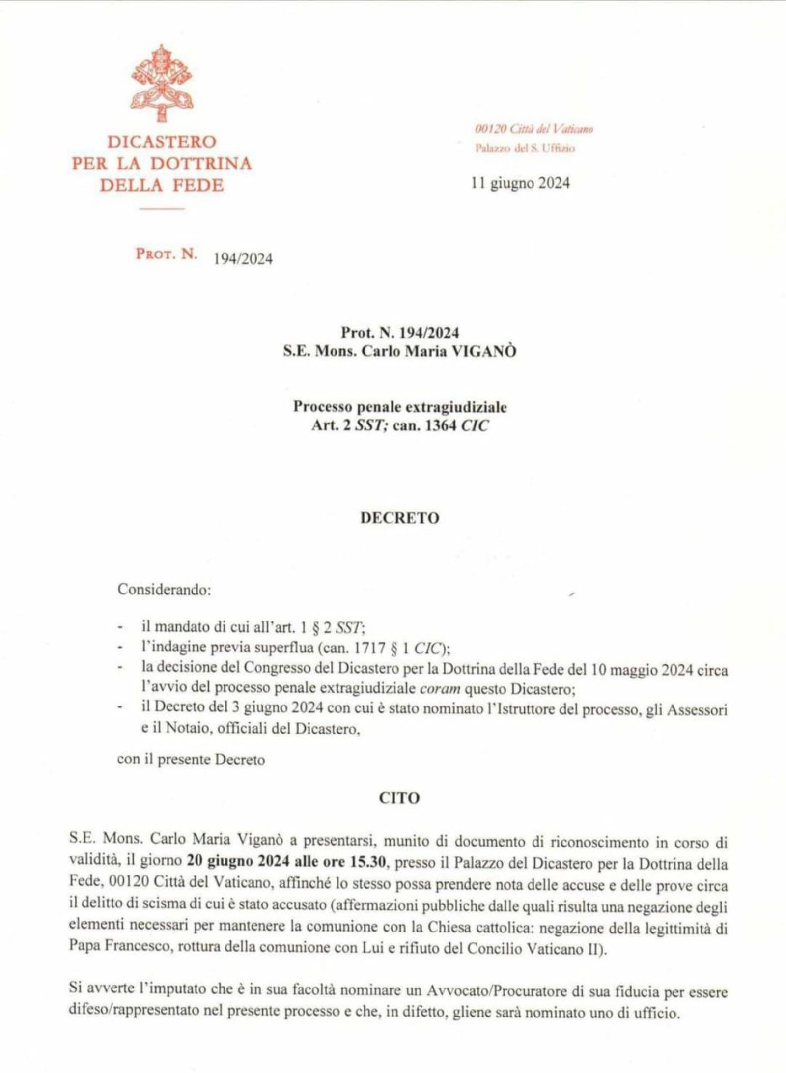 Carta de Doctrina de la Fe a Vigaò