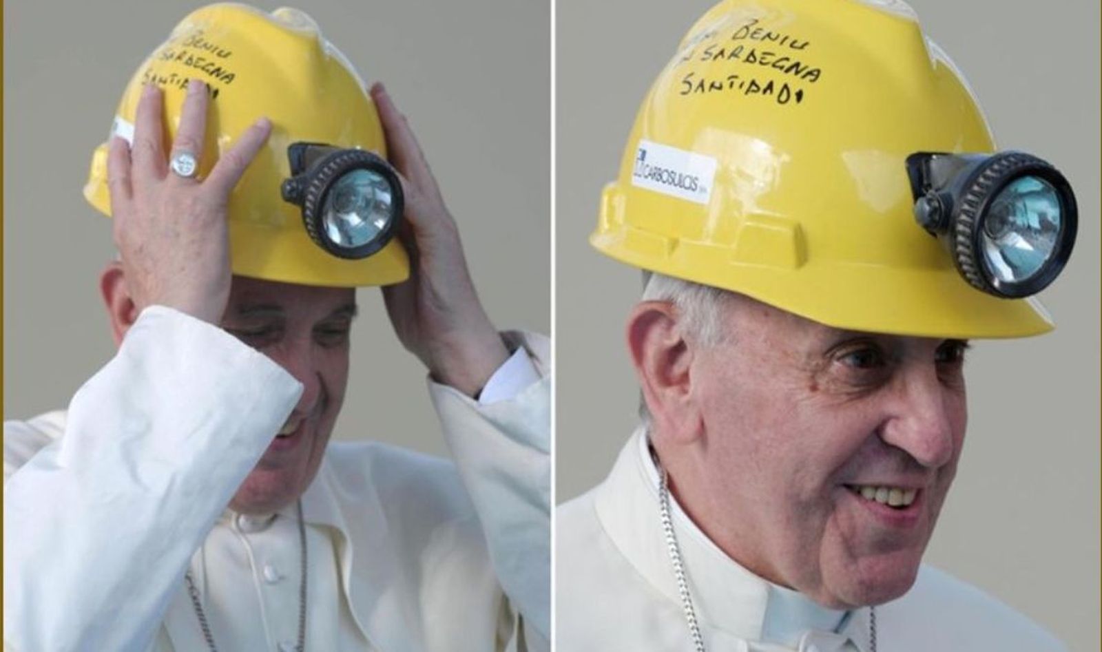 El Papa, con casco de obrero