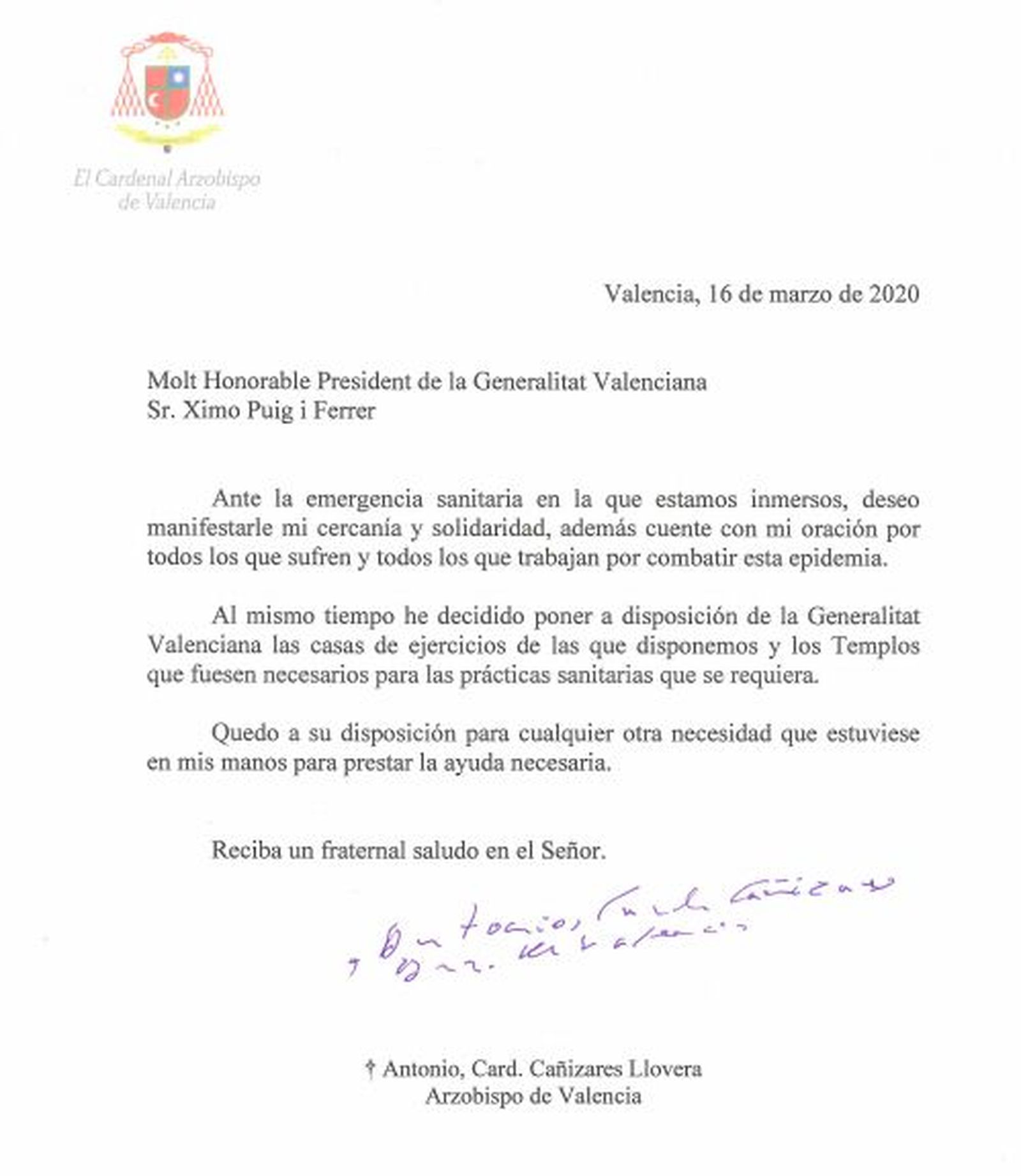Carta de Cañizares a Ximo Puig