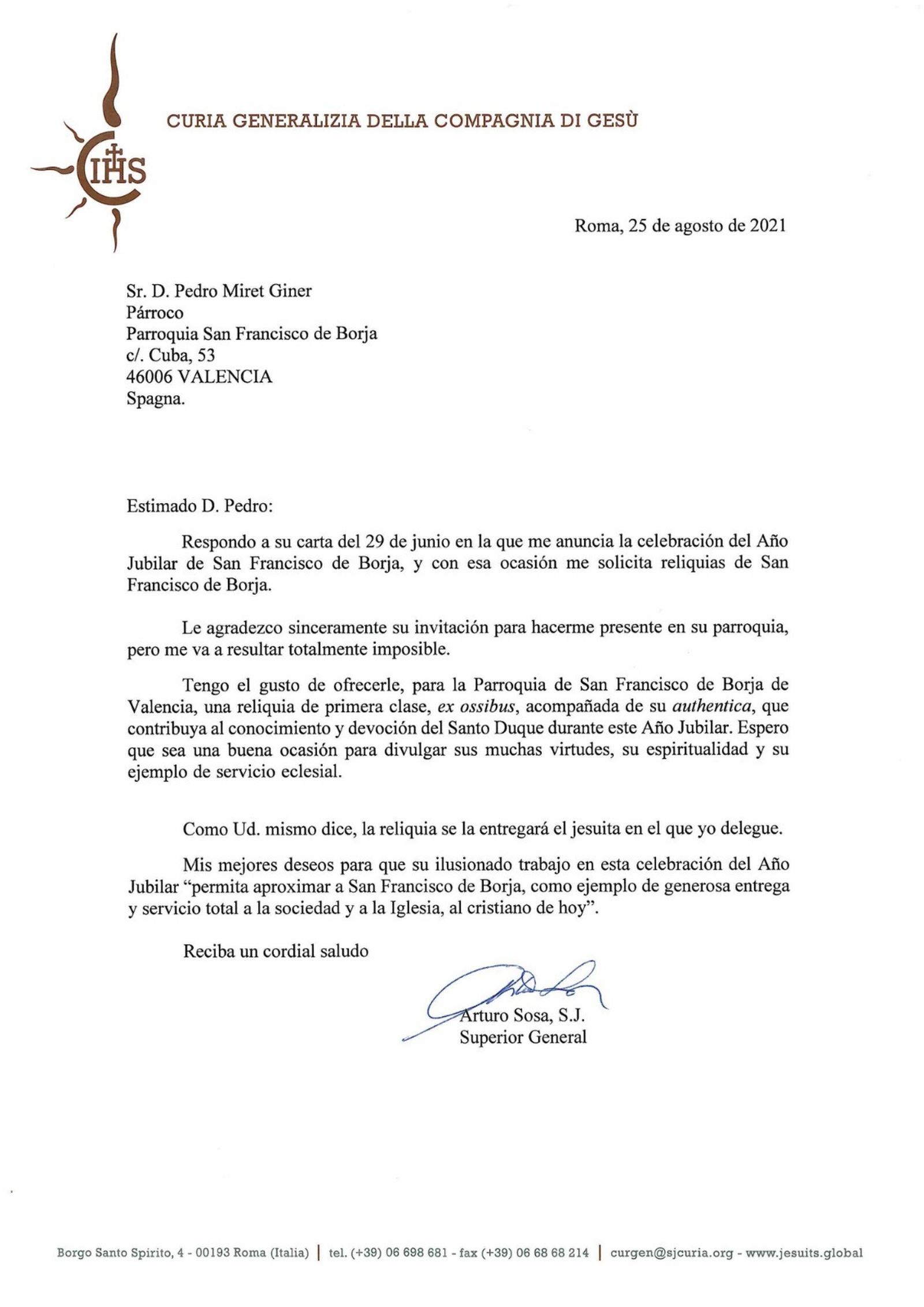 El General de los Jesuitas concede una reliquia de san Francisco de Borja a la parroquia de su nombre