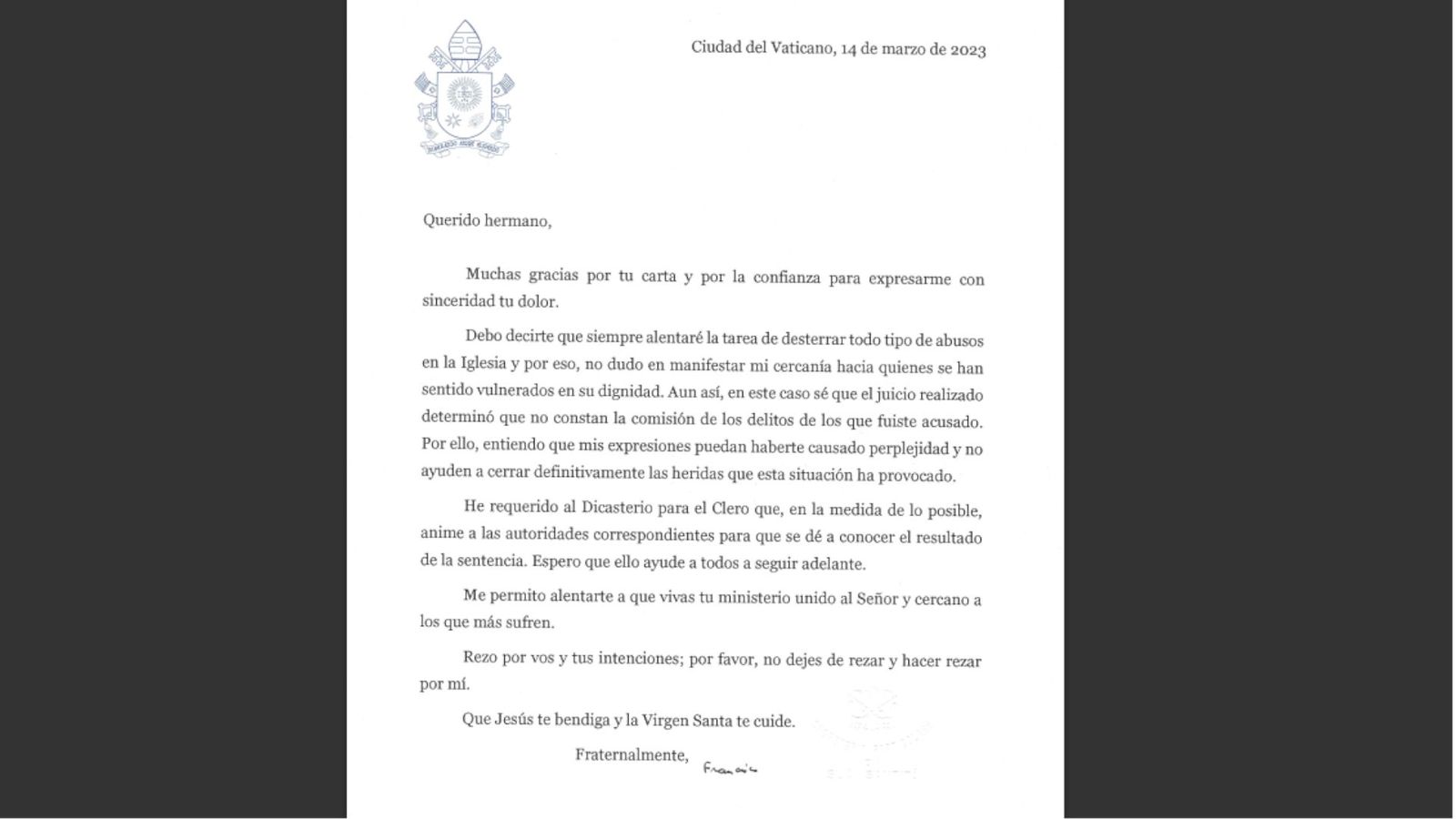 Carta del Papa a Sacerdote Cegarra López de Valencia