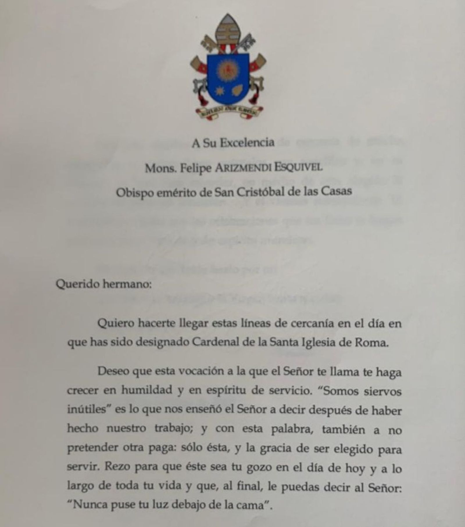 Carta del Papa a monseñor Arizmendi