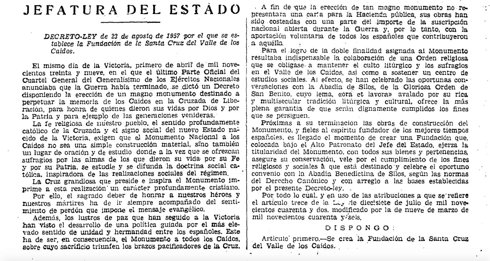 Decreto de Franco de creación del Valle de los Caídos