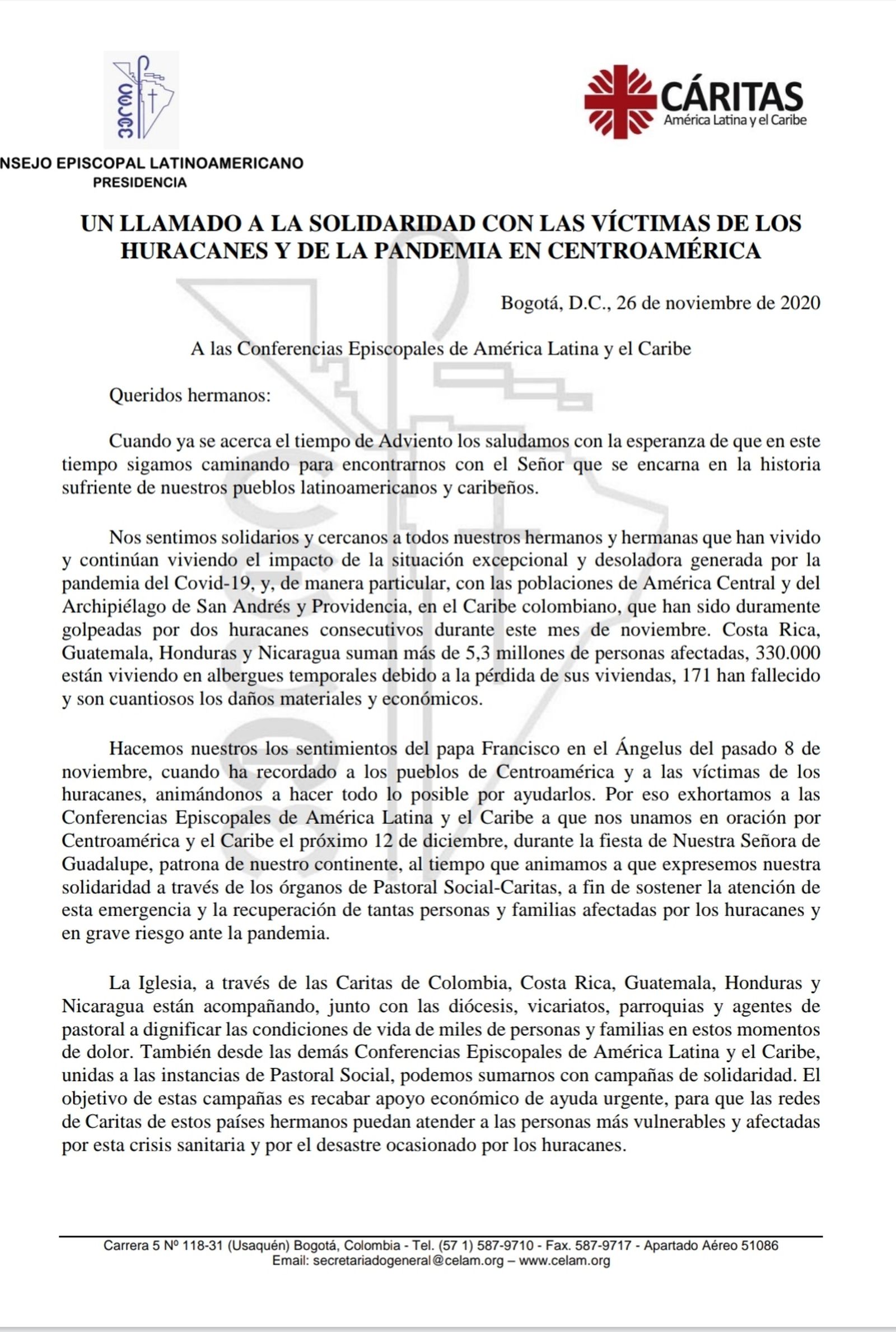 Nota CELAM y Cárita América Latina y el Caribe