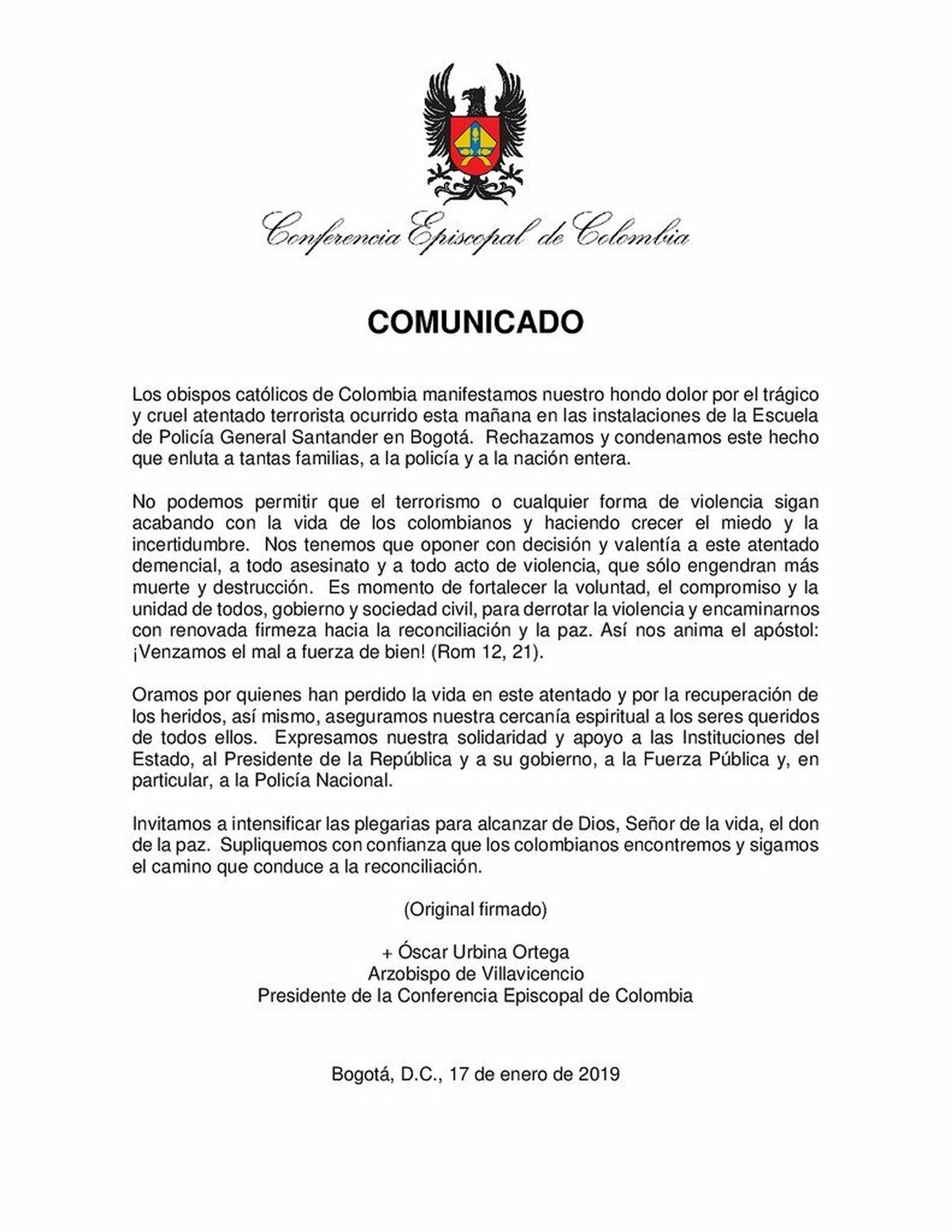 Comunicado de los obispos colombianos