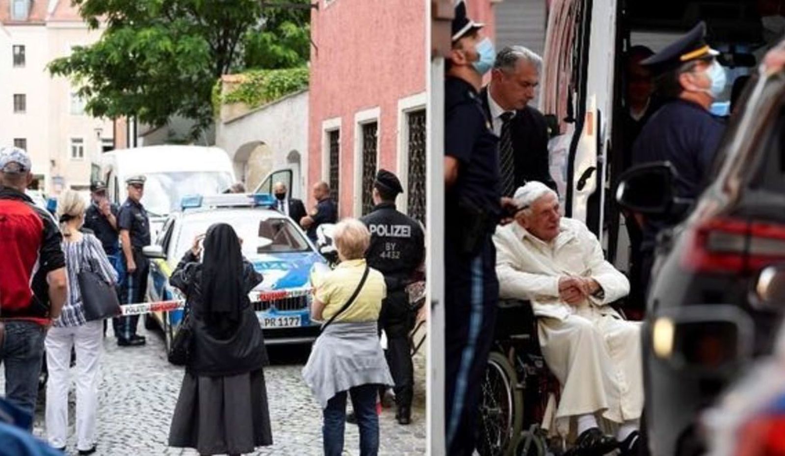 Benedicto escoltado por la policía alemana mientras los fieles hacen fotos